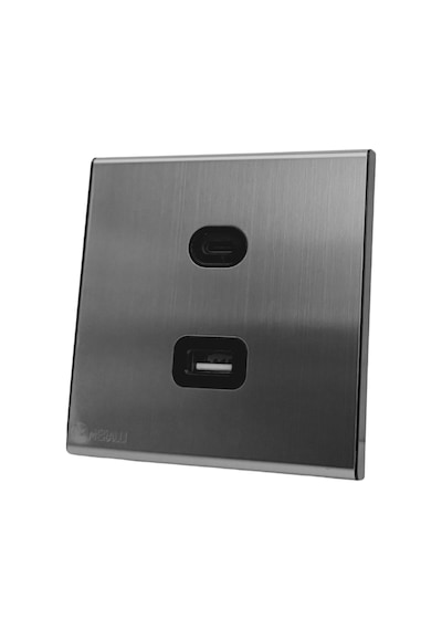 MERALLI INOX USB + USB Type-C güç prizi (20W), hakiki fırçalanmış paslanmaz çelik, çerçevesiz 86×86 Düz kasa dahil
