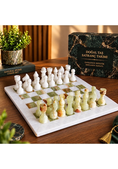 15 İnç Yeşil Oniks Doğal Taş Satranç Takımı 38x38 Cm Premium Özgün Hediye Kutulu