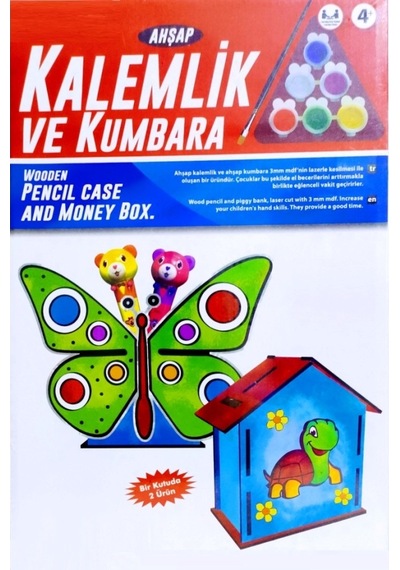 Vıp Kalite Maket Ahşap Kalemlik Ahşap Kumbara Seti 6 Akrilik Boya Seti Ahşap Kelebekli Kalemlik Seti