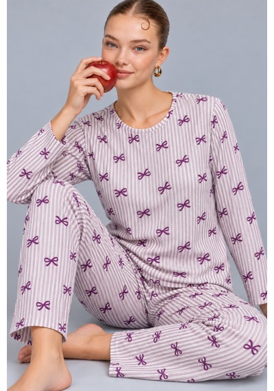 Kadın Çizgili Rahat Desenli İkili Mor Pijama Takımı 4809