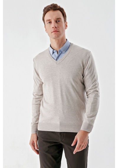 Morven Erkek Bej Basic V Yaka Dynamic Fit Rahat Kesim Triko 25kc017004653 Bej