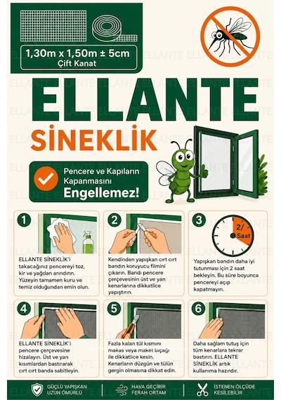 Cırtlı Yapışkanlı Sineklik Seti 130x150 Cm Çift Kanatlı Pencere Kapı Sinekliği Güçlü Yapışma Yıkanab