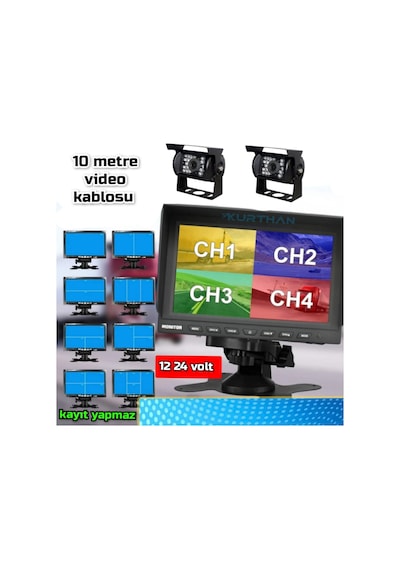 7'' Ekran + 2 Ad Metal Kasa 18 Ir Led Kamera Kayıt Yapmaz 12-24 V