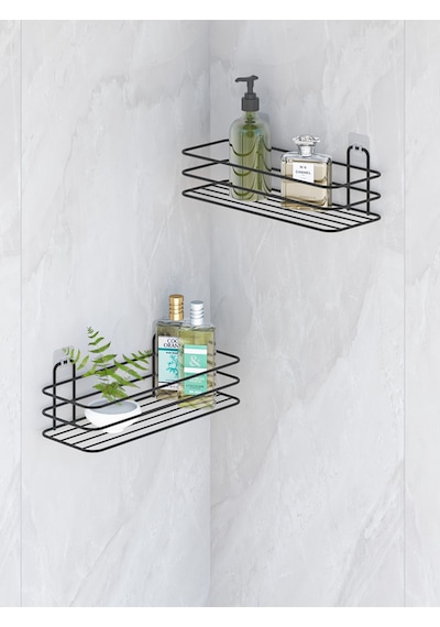 MultiStore Yapışkanlı Banyo Düzenleyici 2 Adet Banyo Rafı Şampuanlık Sabunluk Mat Siyah Duş Askısı Rafı Siyah