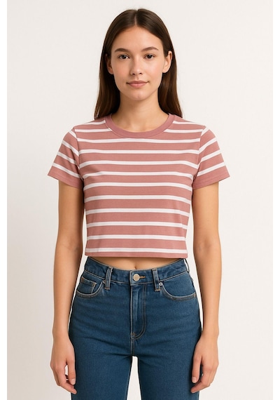 Kadın 3'lü Paket Yeşil-pembe-mavi Crop Tişört Pamuk Bisiklet Yaka T-shirt Çok Renkli