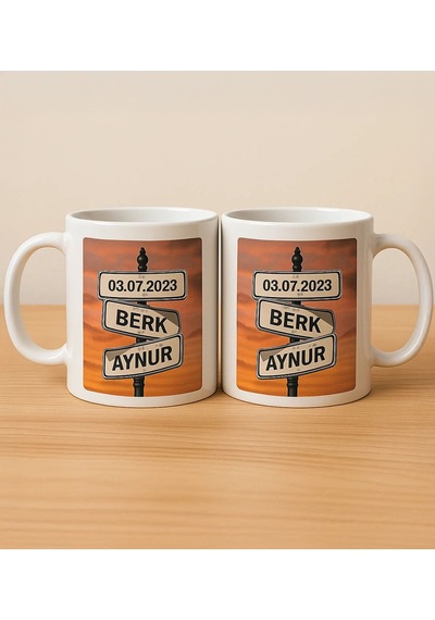 Bk Gift Kişiye Aşkın Yol Tabelası Tasarımlı 2li Beyaz Kupa Bardak-1, Sevgiliye Hediye, Eşe Hediye, Yıldönümü Hediyesi Kobitmeyencom34080 Bk Gift