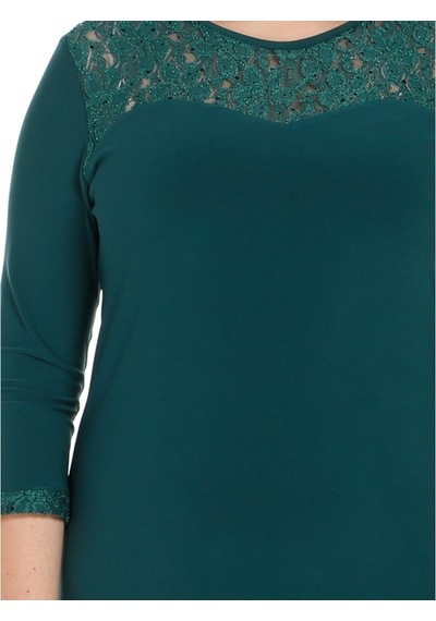 Nidya Moda Büyük Beden Dantel Kombinli Elbise-4078Dy Yeşil