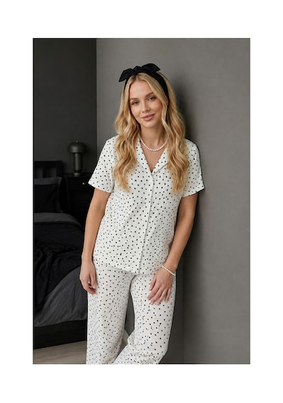 Fit Women Siyah Kalp Detaylı Bürümçük Kumaş Kısa Kollu Pijama Takımı 6066 Kar Beyaz