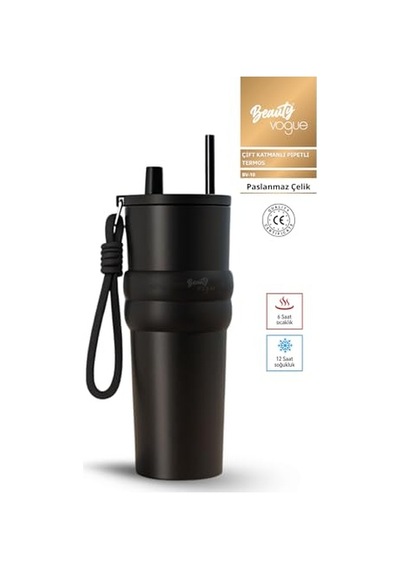 Lüks Çelik Termos Bardak - Çift Yalıtımlı Pipetli Mug - Mat Siyah-sıcak-soğuk Açık Beyaz