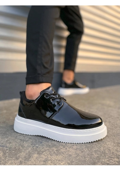 Mevese Ornex Erkek Deri Görünümlü Bağcıklı Casual Sneaker Klasik Günlük Ayakkabı - Siyah Beyaz Rugan