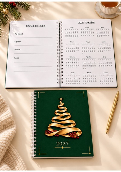 A5 Spiralli Defter 2027 Takvimli 50 Yaprak 100 Sayfa Çizgili Yeşil Altın Kurdele Ağaç Desenli Not Defteri