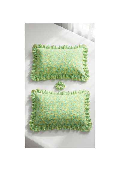 %100 Pamuklu Çiçek Desenli Fırfırlı Yastık Kılıfı 2 Adet 50x70 Cm Yeşil - 863744406 Yeşil