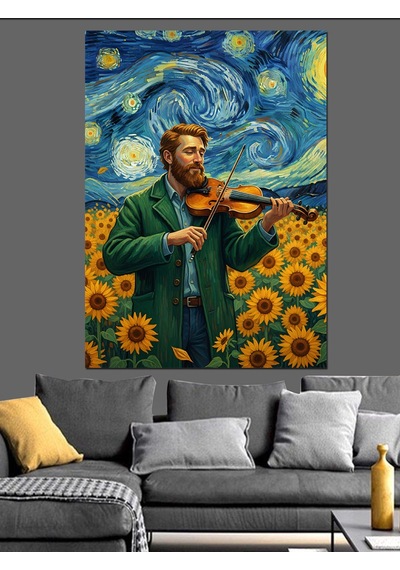 Ahşap Tablo Van Gogh Tarzı Yıldızlı Gecede Ayçiçek Tarlasındaki Kemancı Adam