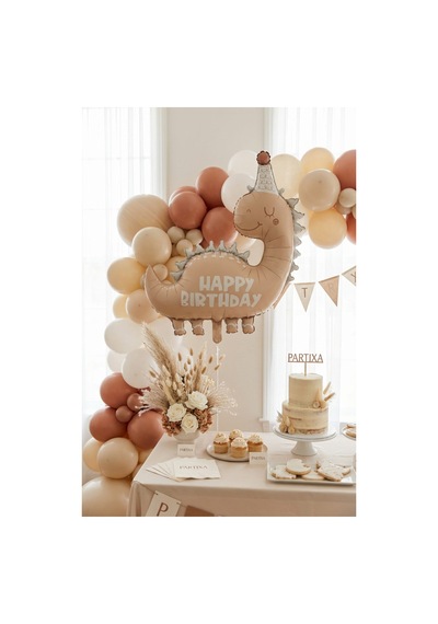 Happy Birthday Retro Açık Kahverengi Dinozor Temalı Folyo Balon Çocuk Doğum Günü Parti Süsü Çok Renkli
