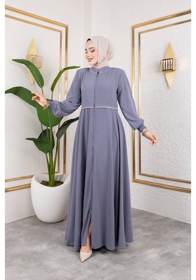 Nevayla Moda Yaka Ve Bel Nakış Detaylı Ferace - Gri / F0143 Gri