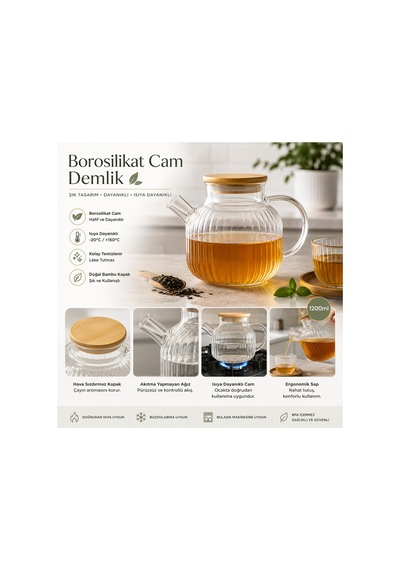 Borosilikat Bambu Kapaklı Isıya Dayanıklı Cam Demlik 1500 Ml Şeffaf Çay Demliği Diğer