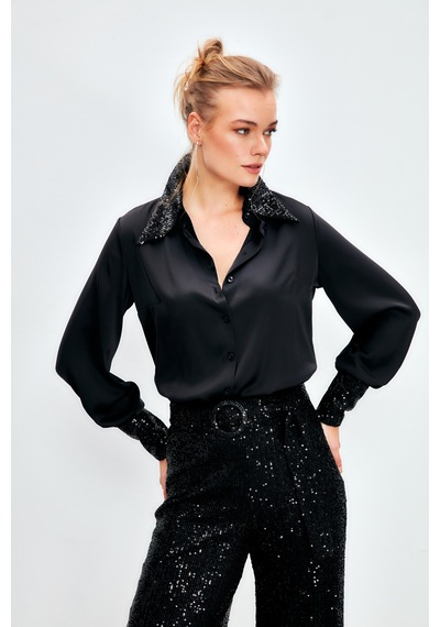 Sateen Payet Detaylı Saten Gömlek - Siyah-134117 Siyah