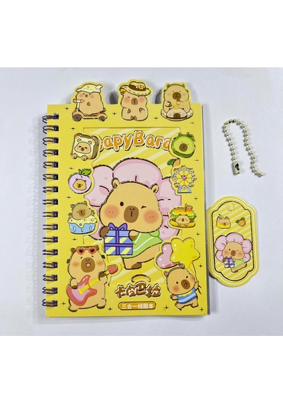 3'ü 1 Arada Spiral Defter Capybara 11x16.5 Cm Sticker Defteri Sarı Çok Renkli