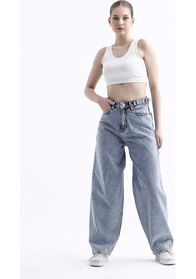 Pass&pass 2430 Kadın Yandan Tokalı Baggy Jeans Kot Denim Pantolon Kar Yıkama