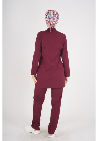 Bordo Renk Sakura Model Tesettür Doktor Hemşire Scrubs Üniforma Takımı Bordo Bordo