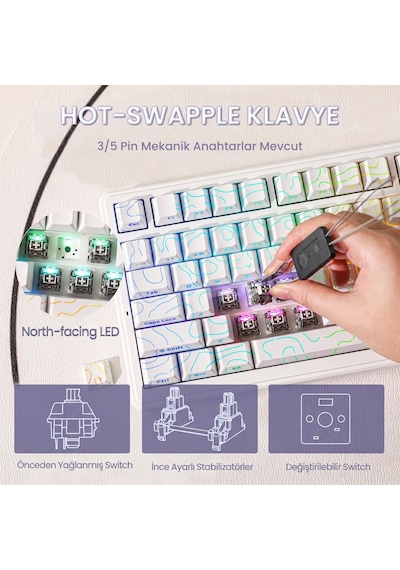 Aula F99 Mekanik Rgb Star Vector Switch 3 Modlu Kablosuz Makrolu Hot Swap Klavye Desenli Beyaz