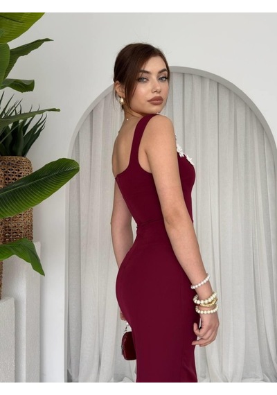 Dogutrend Mıng Çiçek Detaylı Elbise Bordo