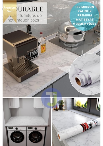 Technojet Kendinden Yapışkanlı Mat Mermer Desen Folyo Mutfak Banyo Tezgah Duvar Kaplama 60cmx100cm Beyaz
