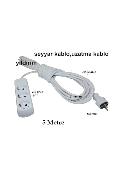 Seyyar Kablo Uzatma Kablo Ara Kablo 5 Metre 3 Lü Grup Priz