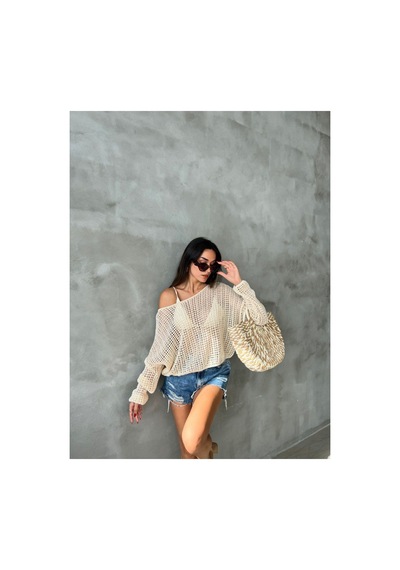 De Pose Ajurlu Sonbaharlik Triko Oversize Bluz Kazak Ekru