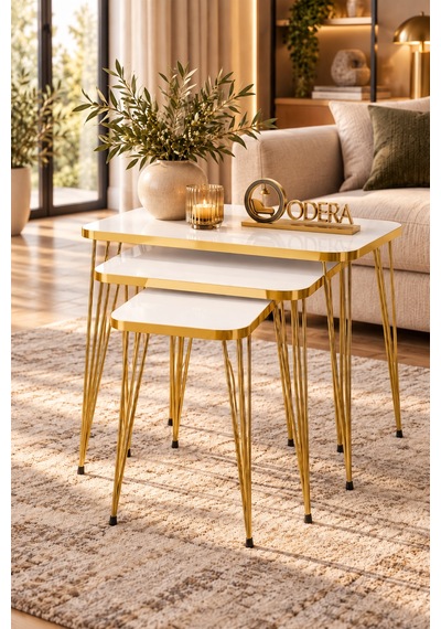 Odera Beyaz Tel Zigon Sehpa 3'lü Set Metal Ayaklı Modern Retro Salon Sehpası Diğer