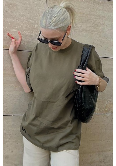Flood Of Style Kadın Salaş Rahat Bol Kesim Bisiklet Yaka Haki