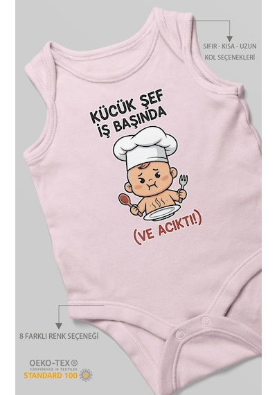 Küçük Şef İş Başında Ve Acıktı Baskılı Bebek Zıbını Çıtçıtlı Body 8 Renk %100 Pamuk Sıfır Kol Bebe Pembe