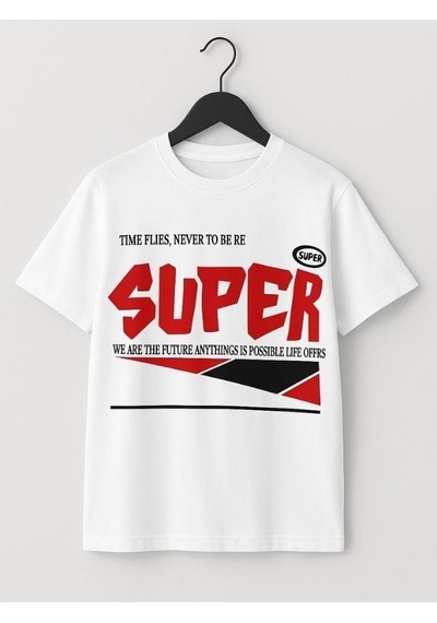 Ekkokids Çocuk Super Yazılı Pamuklu Oversize T-shirt-16016 Beyaz