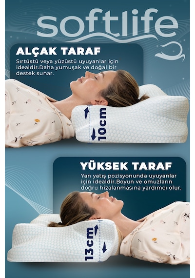 Nova Ice Serinletici Kılıflı Visco Soğuk Yastık Ortopedik Boyun Destekli Memory Foam Ergonomik Yastık 62x42x13/10cm Beyaz