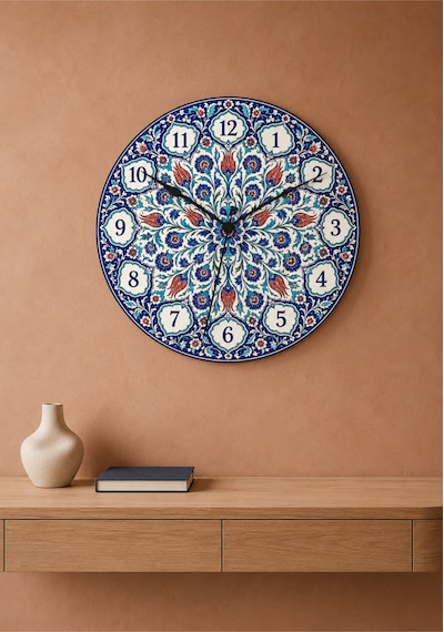 AA Shop Osmanlı İznik Çini Desenli Dekoratif Baskılı Ahşap Duvar Saati 45 Cm Sessiz Akar Mekanizma 883 Çoklu Renkli
