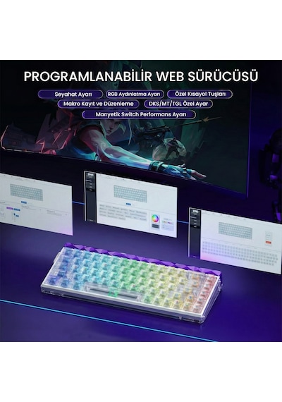 Aula Hero 68 He Manyetik Klavye Rapid Trigger Silver Switch 8000hz Rgb Neon Tkl Hot Swap Oyuncu Klavyesi Şeffaf