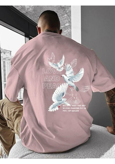 Love And Peace Baskılı Oversize Tişört Pembe
