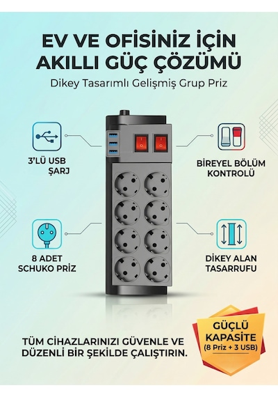 2 Metre 8 Li Grup Priz 3 Usb Portlu, Termal Ve Aşırı Akım Koruması, Ev Ofis Çoklu Uzatma Kablosu 2 M