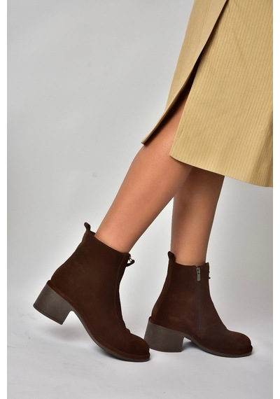 Fox Shoes Z555671002 Kahverengi Hakiki Deri Süet Kalın Topuklu Kadın Bot