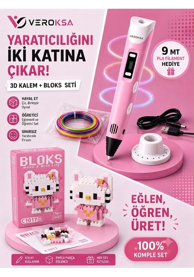 Pembe 3d Kalem + 136 Parça Bloks Seti Yaratıcılığını İki Katına Çıkar Hello Kitty