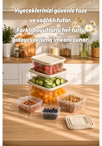 Porsima Sa-645 6 Adet 12 Parça Derin Dondurucu Mikrodalga Saklama Kabı - Çok Amaçlı Erzak Saklama Kabı Seti Bej