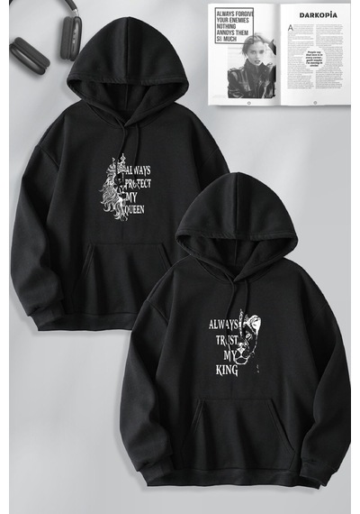 Macklin Sevgili Çift Kombin Erkek Ve Dişi Aslan Baskılı Özel Tasarım Kapüşonlu Sweatshirt 2li Set Takım Siyah Mck0738 Siyah