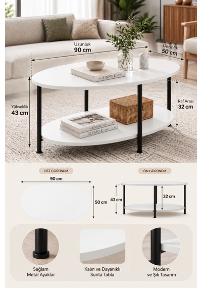 Oval Orta Sehpa 90 Cm İki Katlı Raflı Metal Ayaklı Modern Dekoratif Salon Sehpası Beyaz