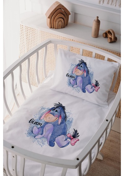 %100 Pamuk Saten Isme Özel Isimli Anne Yanı Beşik Nevresim Takımı Eeyore
