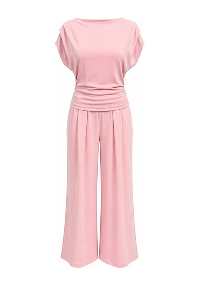 Mixray 2093 Kadın Dökümlü Bluz Geniş Paça Pantolon İkili Takım Pembe