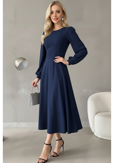 Defymoda Kadın Gün Boyu Rahat Midi Elbise Lacivert