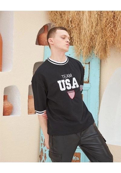 Barlashive Erkek Bisiklet Yaka Tişört Nakış İşlemeli Kısa Kol Oversize T-shirtsiyah Çok Renkli