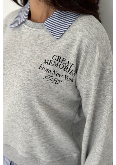 Noa & Noa Kadın Gömlek Detaylı Baskılı Sweatshirt Serene Layer Gri