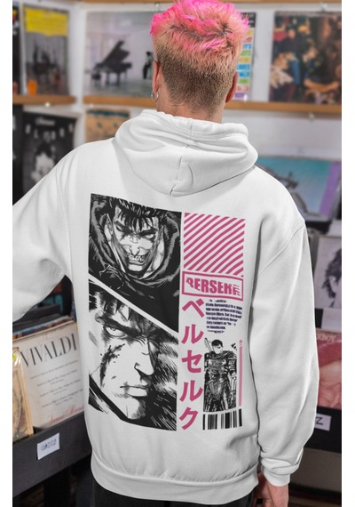Sevbano Tasarım Berserk Guts Anime Sırt Baskılı Unisex Oversize Penye Hoo beyaz