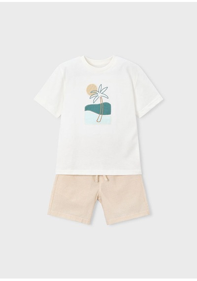 Erkek Çocuk İşlemeli Şort Ve T-shirt Takım Krem